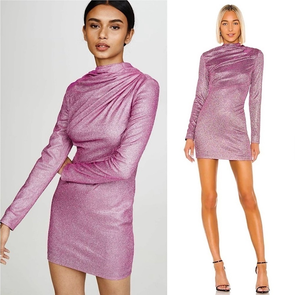 RtA Metallic Pink Shimmer Long Sleeve Ruched Draped Cowl Neck Bodycon Dress 0‎